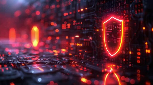 Cyber security shield glowing neon red on circuit board. Digital security concept with glowing shield and intricate circuit board details.  Cyber security image perfect for technology websites,