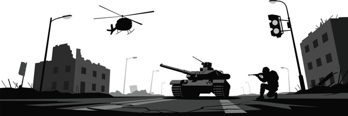 Silhouette of Urban Warfare Scene, Military Operation, Tank and Helicopter, Combat Zone, Tactical Deployment