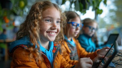 Happy girls using tablets in classroom.  Smiling children study using digital devices. Schoolgirls enjoy learning with technology.  Educational technology concept for school websites or brochures. - Powered by Adobe