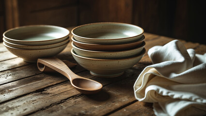 Ceramic bowls and wooden spoon resting on rustic table