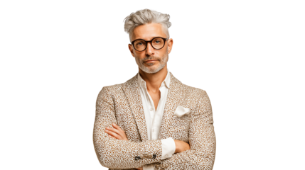 Trendy art curator in modern glasses and blazer, cropped professionally to torso, isolated, PNG