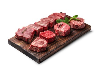Fototapeta premium variety of raw black angus prime meat steaks machete, blade on bone, striploin, rib eye, tenderloin fillet mignon on woonen board 