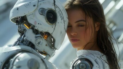 Woman and robot head touching foreheads. Close up portrait of female and artificial intelligence. Futuristic image for science fiction film poster or tech company advertisement. - Powered by Adobe