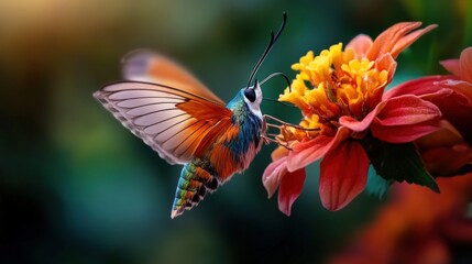A hummingbird moth hovering near a flower, its wings moving in rapid blurs