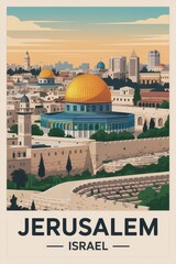 Obraz premium Vintage Travel Poster of Dome of the Rock and Old City Walls, Jerusalem, Israel