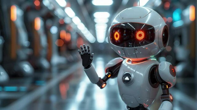 Friendly robot waving hello in futuristic factory. This small, white robot with orange eyes greets visitors in a modern industrial setting.  Image perfect for tech company website,
