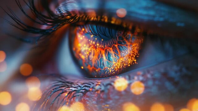 Close-up of human eye with vibrant, glowing iris. Detailed image showing intricate texture and color variations in eye.  Stunning visual representation of human eye for ophthalmology, science,