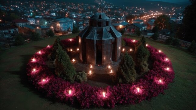 Wreaths and candles at night at antifascist site