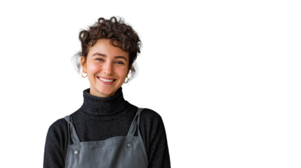 Smiling barista wearing a minimalist apron and turtleneck, modern hairstyle, cropped to torso, PNG
