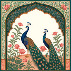 Fototapeta premium Two peacocks in an ornate mughal archway with pink flowers and lush green foliage