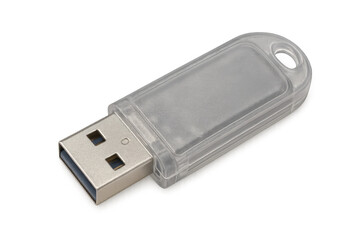 Transparent usb flash drive with clear plastic casing, standing isolated against neutral background, showcasing sleek technological design
