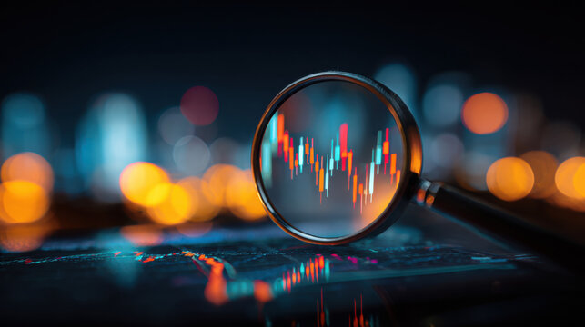 Magnifying glass on financial charts at night, analyzing data, bokeh background, for business reports.