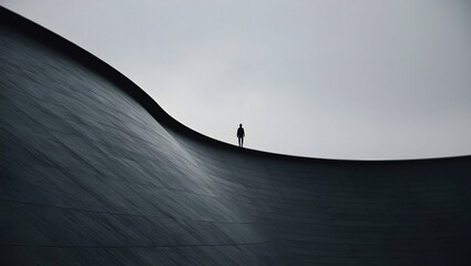 A solitary figure standing atop a curved architectural structure silhouetted against a cloudy sky