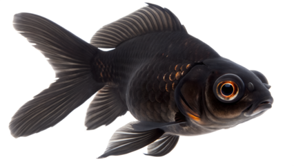 A black goldfish with orange accents swims gracefully. Its fins are delicate, and its large eyes are prominent. The background is transparent, highlighting the fish's features.