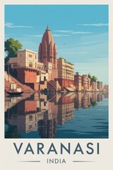 Fototapeta premium Travel Poster of Ghats and Temples along the Ganges River, Varanasi, India