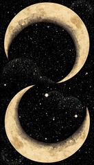 Two crescent moons in a starry night sky. The moons are golden with a textured surface, surrounded by a deep black background filled with small stars.