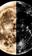 A split image of the moon showing two contrasting sides. One side is bright and detailed, while the other is dark and shadowy. Stars are visible in the background.
