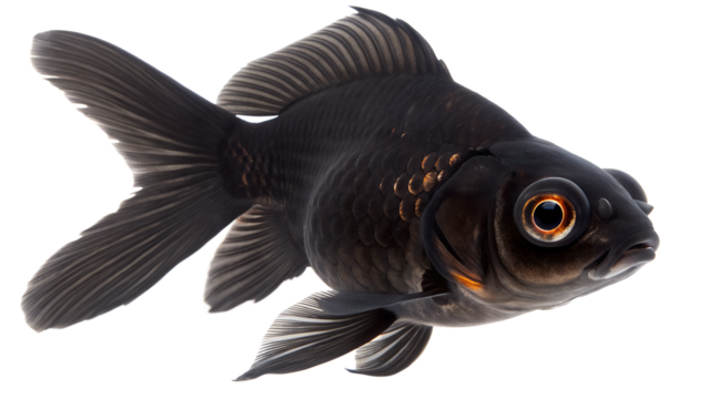 A black goldfish with orange accents swims gracefully. Its fins are delicate, and its large eyes are prominent. The background is transparent, highlighting the fish's features.