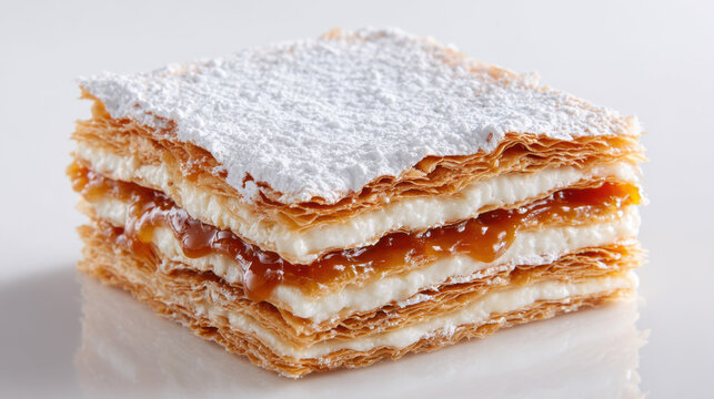 Milhojas dessert, layered pastry with dulce de leche and powdered sugar topping, white background.