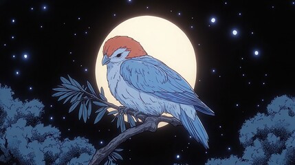 Bird Perched on Branch under Moonlight