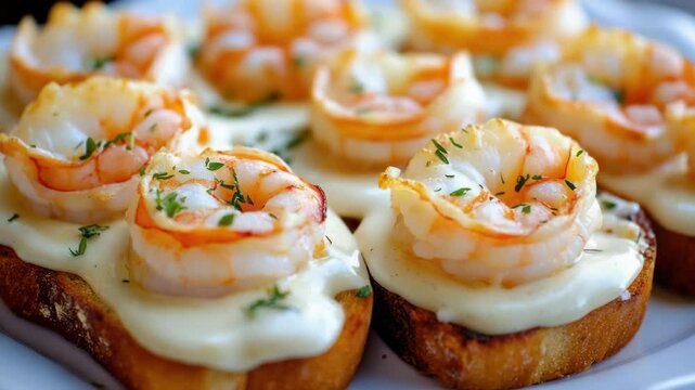Gourmet appetizer on crusty bread with garlic and parsley garnish.