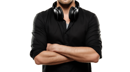 Music producer in black shirt with headphones resting on shoulders, torso-only crop, white background, PNG