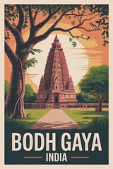 Vintage Travel Poster of Mahabodhi Temple and Bodhi Tree at Sunset, Bodh Gaya, India

