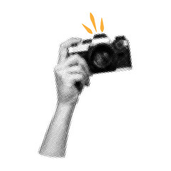 Hand holding camera with dotted halftone texture for collage design © Nelli