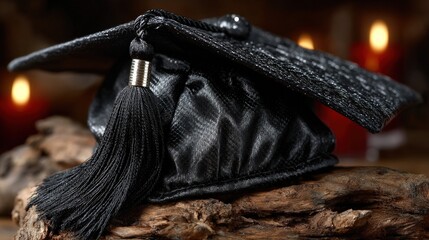 Black mortarboard on wood with minimalist shadows