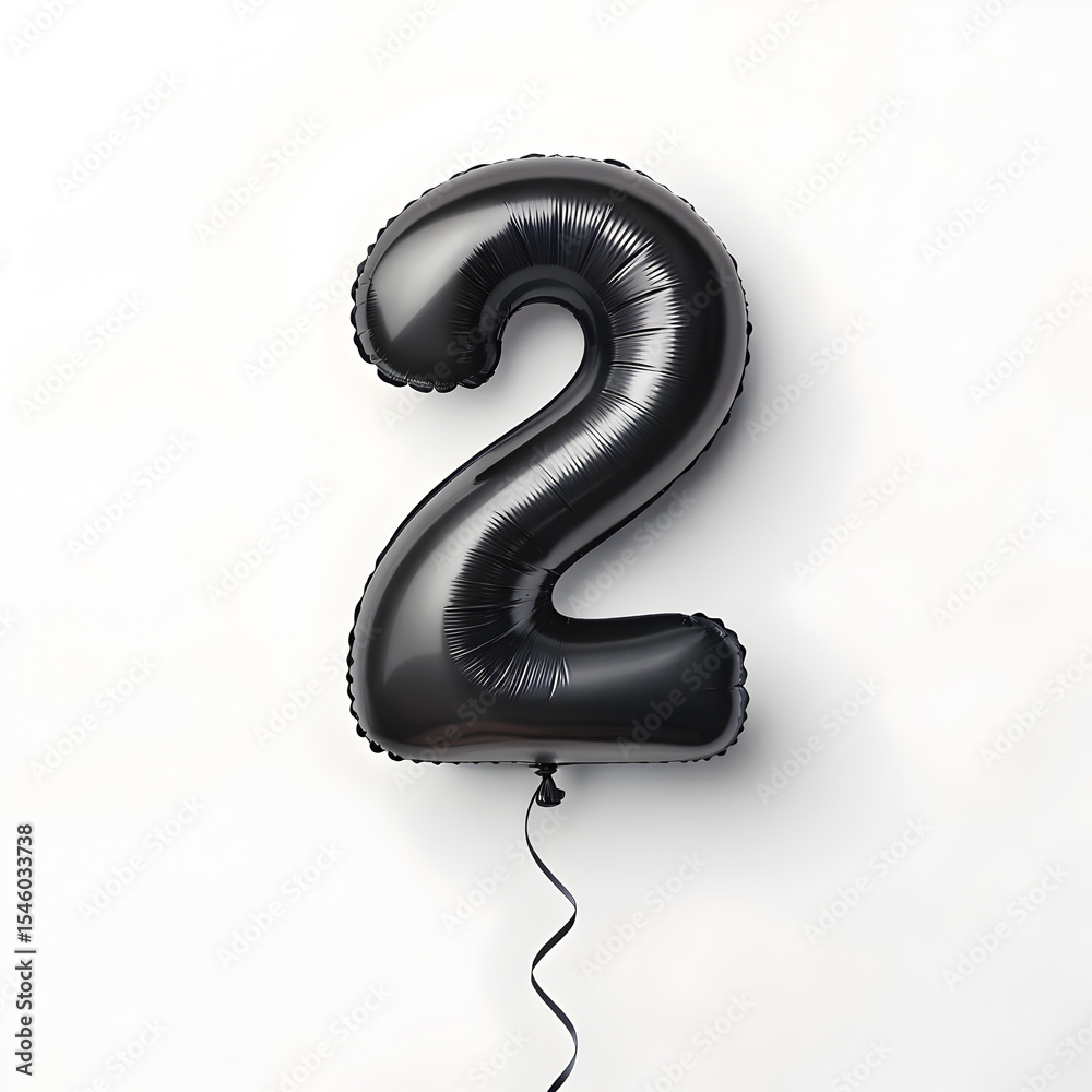 Fototapete a balloon shaped like the number 2,matte black metallic finish with realistic reflections and smooth