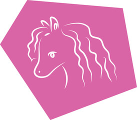 Fototapeta premium Cute sad pony horse head with wavy mane, side view, hand drawn with brush, white curved lines on polygonal purple background