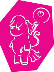 Cute little pony standing and holding flying hot air balloon in hand, hand drawn with brush, white curved lines outlines on polygonal pink background