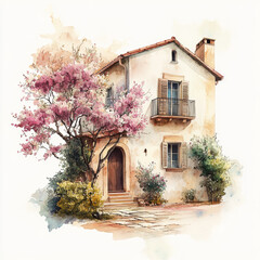 Cute Old House with blooming tree on a white background, watercolor illustration