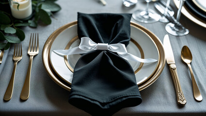 Elegant table setting featuring black napkin with white ribbon bow and gold cutlery