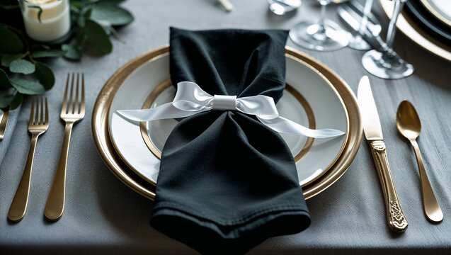 Elegant table setting featuring black napkin with white ribbon bow and gold cutlery