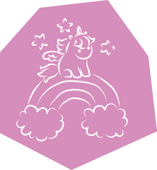 Cute little pony pegasus unicorn sitting on rainbow in clouds among stars, hand drawn brush white curved lines outlines on polygonal purple background