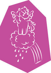 Cute little pegasus pony standing on rain cloud with rainbow, hand drawn brush white curved lines outlines on polygonal purple background