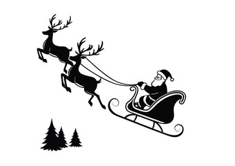 Silhouette Santa Claus and reindeer sleigh for Christmas decoration clip art illustration Art, black icon vector 