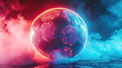 A neon soccer ball for sports betting, displayed in a modern ad format, symbolizing online gambling, sports earnings, and betting on games like soccer.