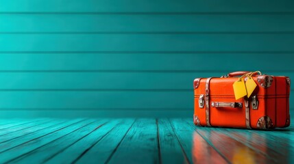 An eye-catching orange suitcase rests on a textured wooden floor, embodying a spirit of travel and adventure, evoking feelings of nostalgia and excitement.