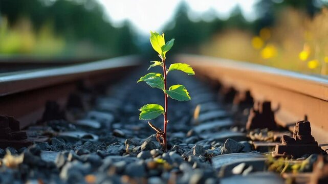 A small tree is growing in the middle of a railroad track. Concept of hope and resilience, as the tiny plant is able to grow and thrive in an unlikely environment