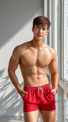 Fototapeta premium Handsome Thai Male Model in Sexy Red Underwear – Bold & Confident Pose 