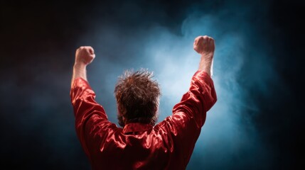 A figure celebrates a hard-won victory against a backdrop of dramatic smoke and light, symbolizing triumph and perseverance in the face of challenges.