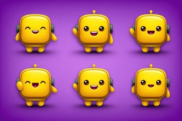 Cheerful yellow robot characters expressing different emotions surrounded by a vibrant purple background emphasizing joy and happiness designed for playful digital applications and creative