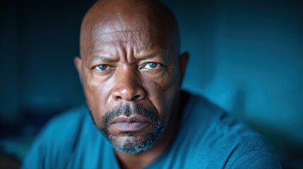 A close-up portrait of a man with a serious expression, emphasizing the depth of his thoughts and emotions in a dimly lit environment with a striking blue backdrop.