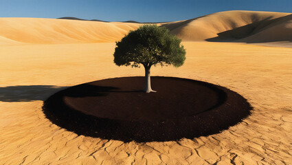 Solitary green tree growing in the desert landscape under a clear blue sky with textured sand dunes.