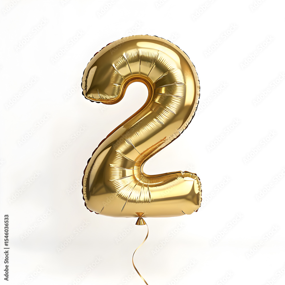 Fototapete a balloon shaped like the number 2,gold metallic finish with realistic reflections and smooth textur