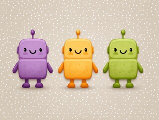Three cheerful cartoon robots in vibrant colors standing together against a playful backdrop showcasing friendly expressions and whimsical design perfect for children's content and educational