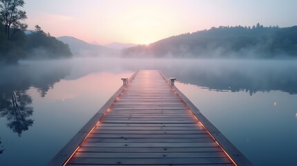 Tranquil morning mist hangs over the calm lake, reflecting the sunrise sky and a distant wooden pier