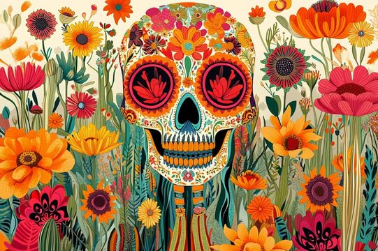 Mexican day of the dead traditional skull, with a floral background, talking.